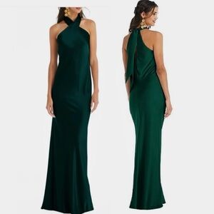 Lovely by‎ Dessy Draped Twist Halter Charmeuse Trumpet Gown Dress Evergreen  1X